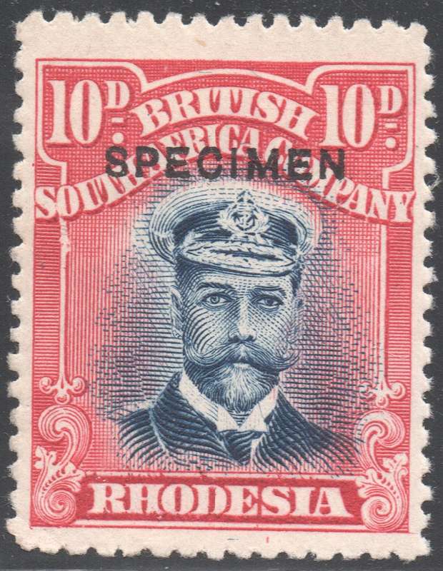 B.S.A.C / RHODESIA 1913-22 : 10d BLUE & CARMINE-RED  `SPECIMEN` - OFFSET ON REVERSE  - MM CV R3420