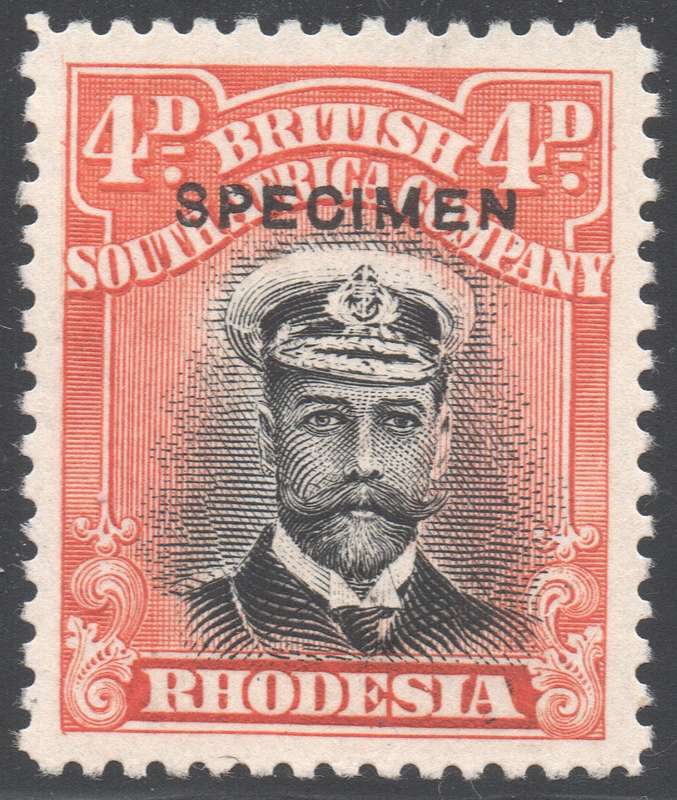 B.S.A.C / RHODESIA 1913-22 : 4d BLACK & ORANGE-RED  `SPECIMEN`  - MM CV R3420