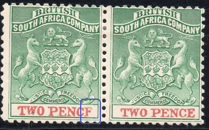 B.S.A.C / Rhodesia 1895 SACC27 2d  GREEN & RED PAIR WITH VARIETY - MM