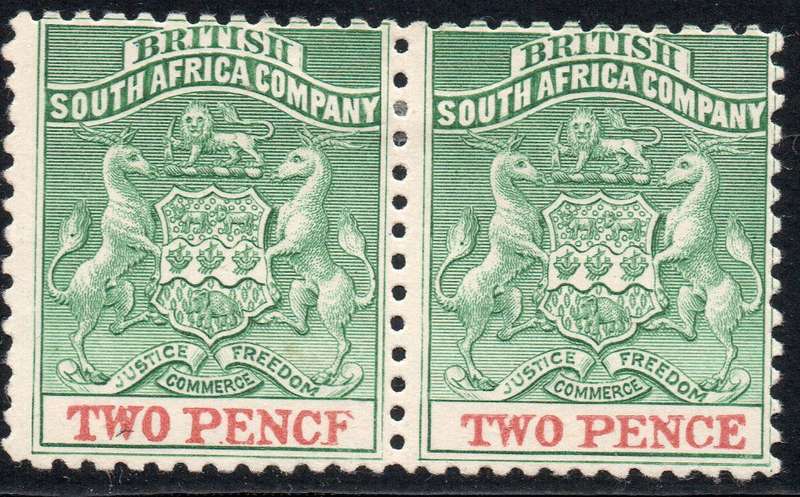 B.S.A.C / Rhodesia 1895 SACC27 2d  GREEN & RED PAIR WITH VARIETY - MM