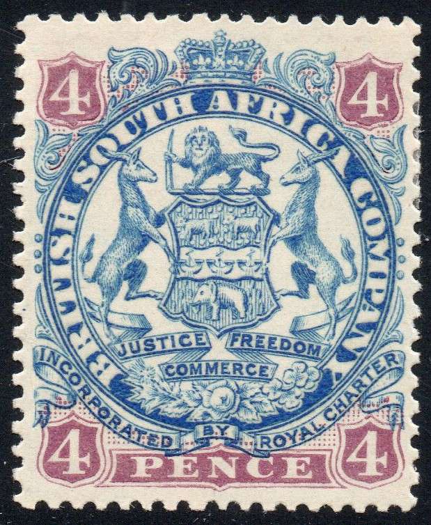B.S.A.C. / RHODESIA 1896-7 SACC41 - 4d ULTRAMARINE & MAUVE - MM -  CV R2000 - SEE SCANS