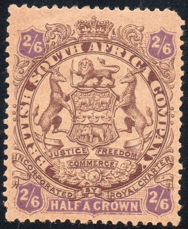 B.S.A.C. / RHODESIA 1896-7 SACC45 - 2s6d BROWN & PURPLE ON YELLOW - MM -  CV R2200 - SEE SCANS