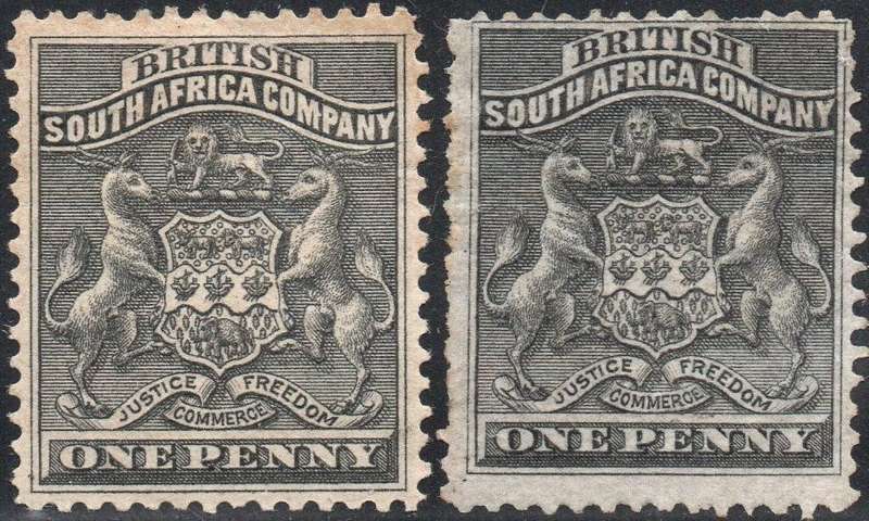 B.S.A.C. / RHODESIA 1892 SACC1 - 1d BLACK x 2 SHADES - MM/MNG -  CV R800 - SEE SCANS