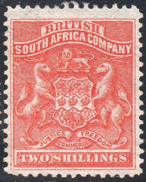 B.S.A.C. / RHODESIA 1892 SACC5 - 2/- VERMILLION - MNG -  CV R2000 - SEE SCANS