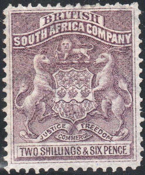 B.S.A.C. / RHODESIA 1892 SACC6 - 2s6d GREY-PURPLE - MNG -  CV R700 - SEE SCANS