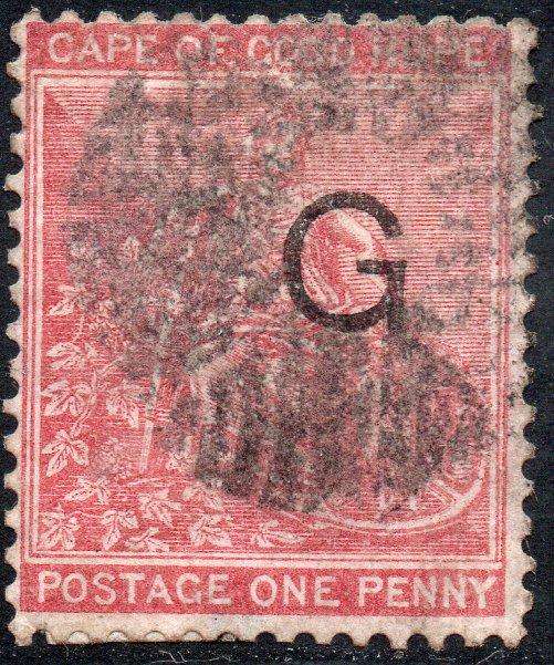 Griqualand West 1878 SG5f or SG11a  - 1d CARMINE - O/P TYPE 6 (IN BLACK) - USED - see below