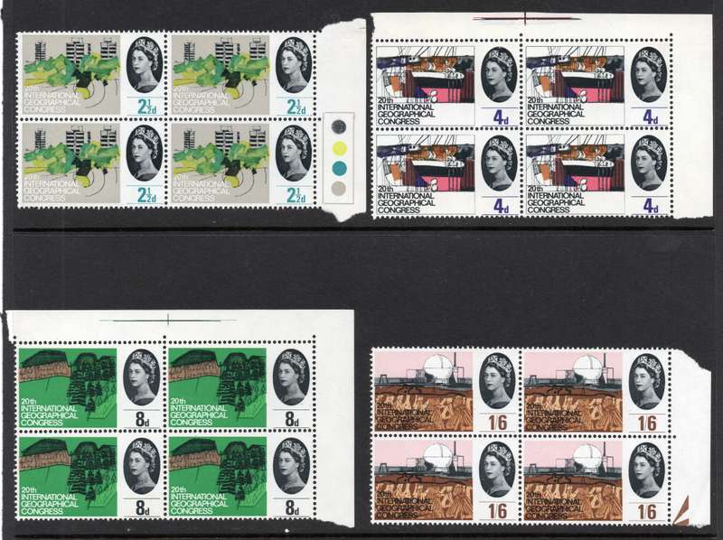GREAT BRITAIN QEII SETS IN MARGINAL BLOCKS OF FOUR(6 SETS)(ALL ORDINARY - UNMOUNTED MINT - SEE SCANS