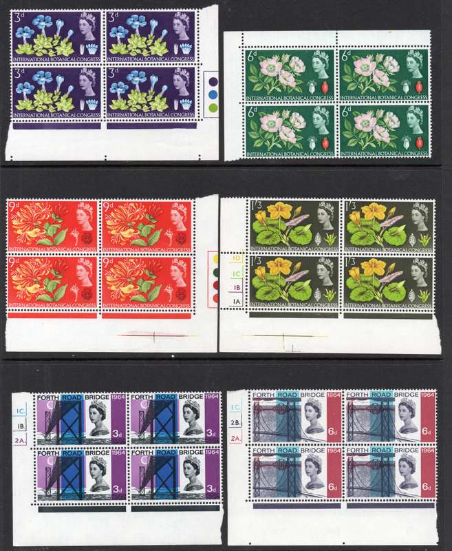 GREAT BRITAIN QEII SETS IN MARGINAL BLOCKS OF FOUR(6 SETS)(ALL ORDINARY - UNMOUNTED MINT - SEE SCANS