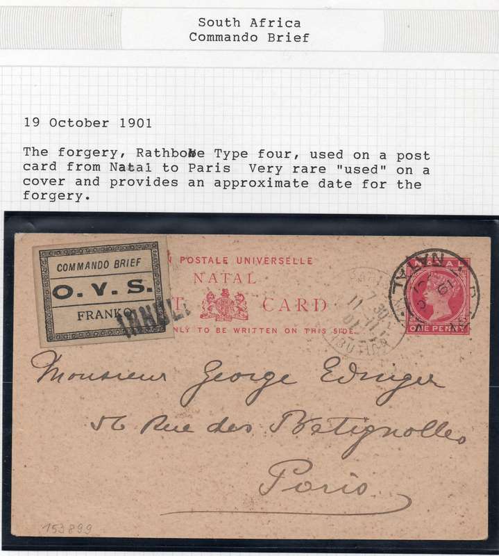 OFS 19 OCT 1901 - POST CARD NATAL TO PARIS, USED WITH ''COMMANDO BRIEF'' FORGERY - RARE - SEE BELOW