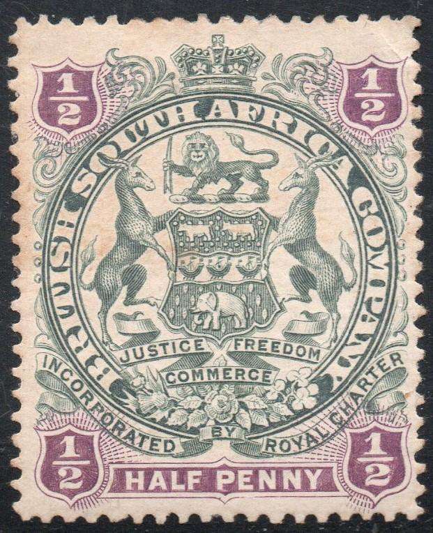 B.S.A.C. / RHODESIA 1897 : SACC58 ½d GREYISH-BLACK & PURPLE - MM - CV R200