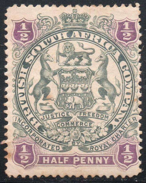 B.S.A.C. / RHODESIA 1897 : SACC58 ½d GREYISH-BLACK & PURPLE - MM - CV R200