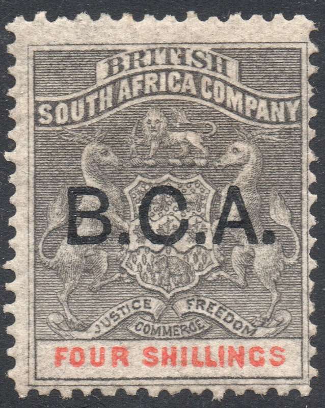 B.C.A.(Nyasaland): 1891 SG11 4/- Grey-black and vermillion MM CV £100(2017)