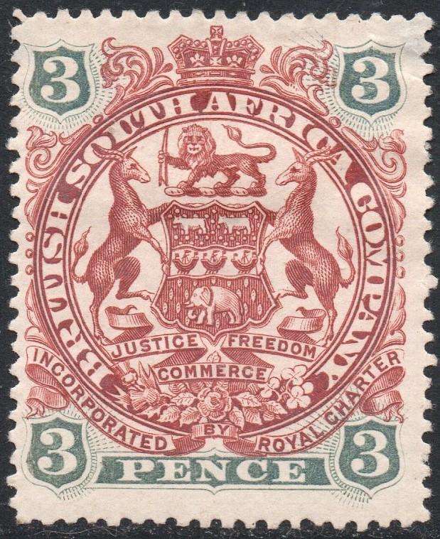 B.S.A.C. / RHODESIA 1897 : SACC61 3d BROWN-RED & SLATE-BLUE - MM - CV R300
