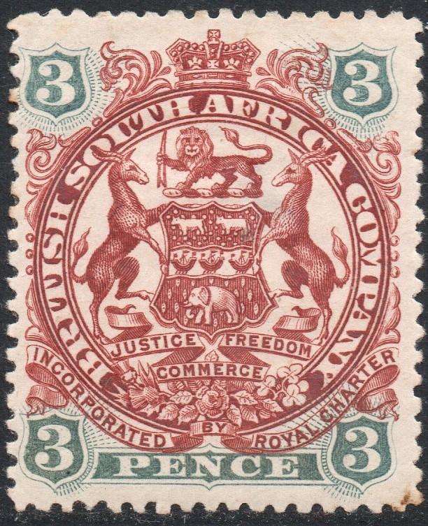 B.S.A.C. / RHODESIA 1897 : SACC61 3d BROWN-RED & SLATE-BLUE - MM - CV R300