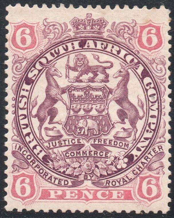 B.S.A.C. / RHODESIA 1897 : SACC63 6d DULL PURPLE & PINK - MM - CV R600