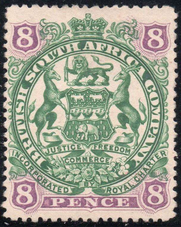 B.S.A.C. / RHODESIA 1897 : SACC64 8d GREEN & MAUVE / BUFF PAPER - MNG - CV R900