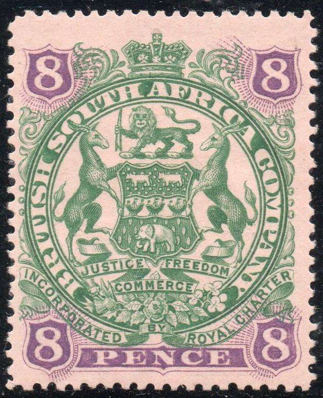 B.S.A.C. / RHODESIA 1897 : SACC64 8d GREEN & MAUVE / BUFF PAPER - MM - CV R900
