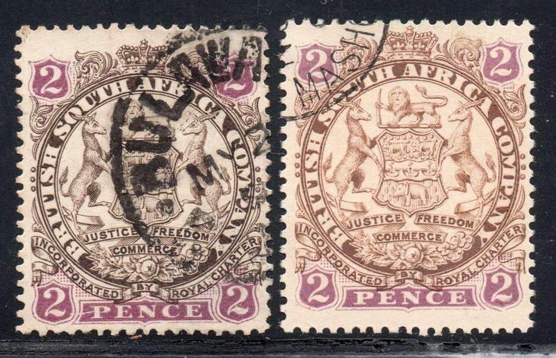 B.S.A.C. / RHODESIA 1896 : SACC30 / 30a 2d BROWN & MAUVE / YELLOW-BROWN & MAUVE - VFU - CV R120