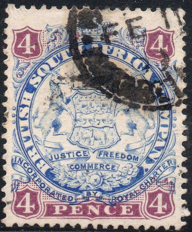 B.S.A.C. / RHODESIA 1896 : SACC32 4d ULTRAMARINE & MAUVE - VFU - CV R600