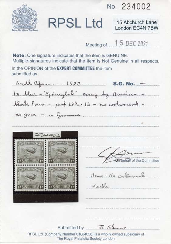 Union of SA - 1d Blue Harrison Essay BLOCK OF FOUR WITH CERTIFICATE - UM - SEE BELOW