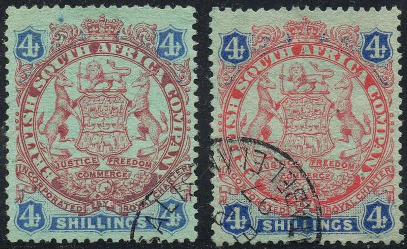 B.S.A.C. / RHODESIA 1896 : SACC37 4/- ORANGE, RED & BLUE/GREEN PAPER - 2 SHADES - VFU - CV R120