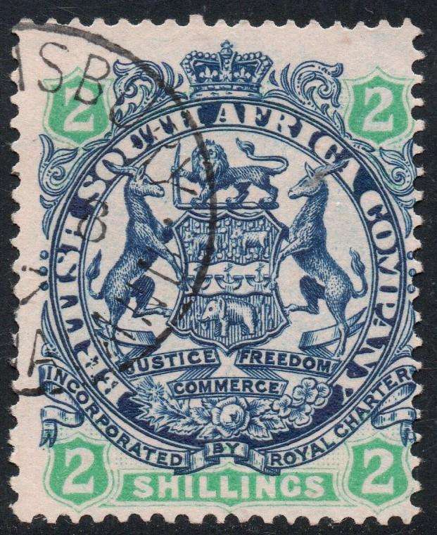 B.S.A.C. / RHODESIA 1897 : SACC44 : 2/- INDIGO & GREEN ON BUFF PAPER - VFU - CV R300
