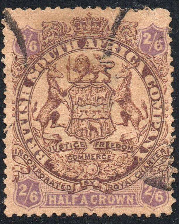 B.S.A.C. / RHODESIA 1897 : SACC45 : 2s6d BROWN & PURPLE ON YELLOW PAPER - VFU - CV R1500