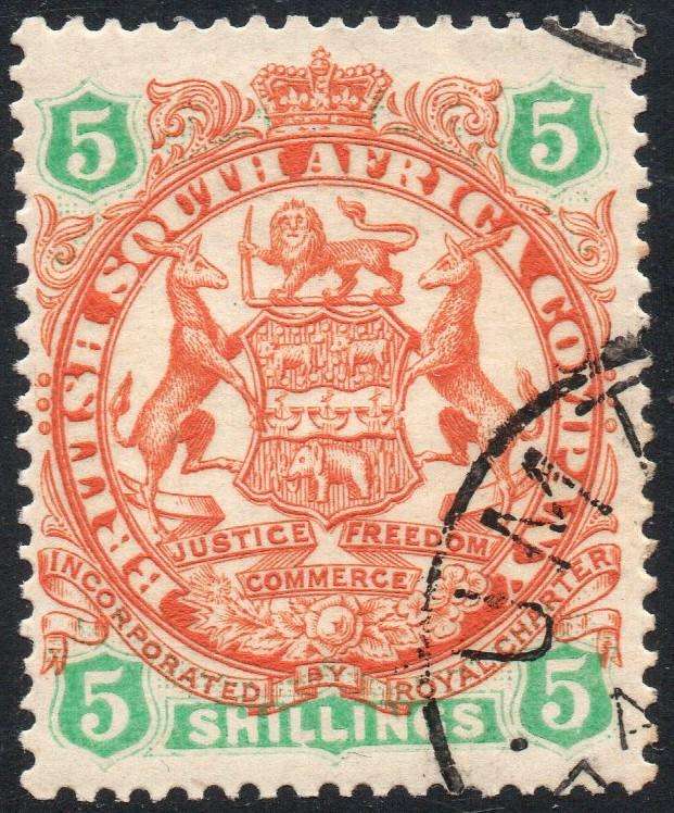 B.S.A.C. / RHODESIA 1897 : SACC46 : 5/- CHESNUT & EMERALD - VFU - CV R350