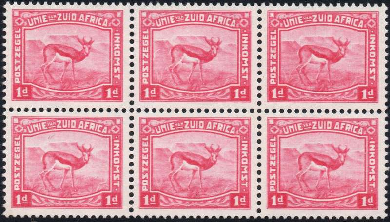 Union of SA - 1d Carmine Harrison essay BLOCK OF SIX - Watermarked, ungummed paper - inverted w/m