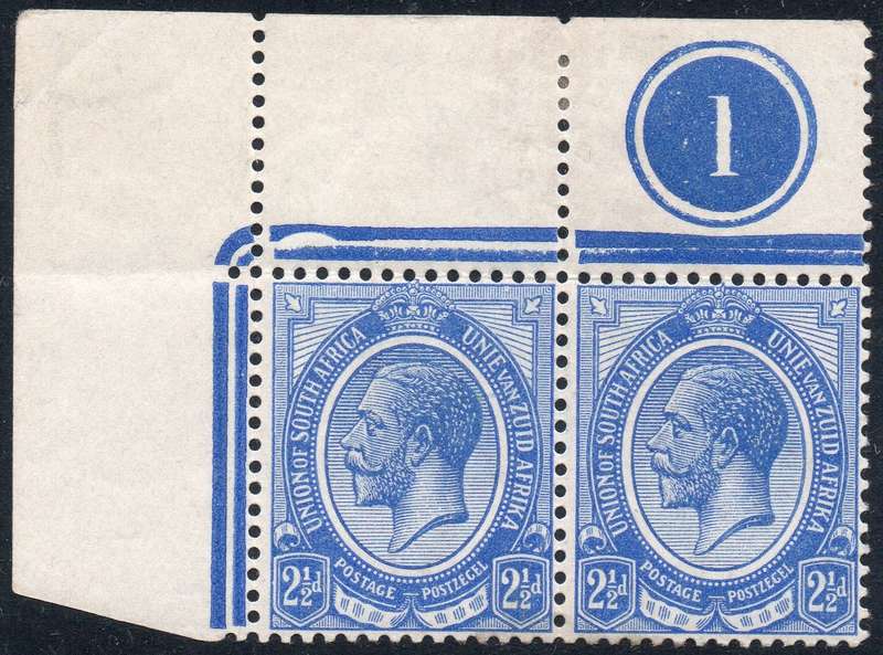 Union of SA - 1913 SACC6(var) 2½/- BRIGHT BLUE CORNER MARGINAL CONTROL PAIR - UM - CV R8250