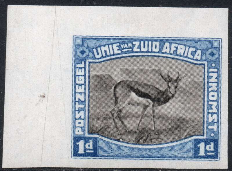 Union of SA - HARRISON ESSAY - 1d BLUE & BLACK CORNER MARGINAL IMPERF SINGLE