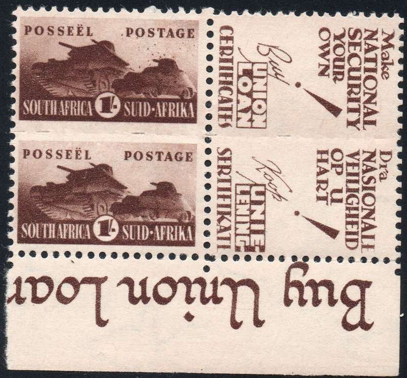 Union of SA - 1942-44 SACC102a 1/- BROWN UNIT  WITH``BURSTING SHELL`` VARIETY - UM CV R2700