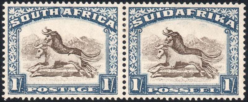UNION OF SA 1932 SG48a 1/- BROWN & DEEP BLUE - DART IN GNU'S BACK LMM CV £375(2017)