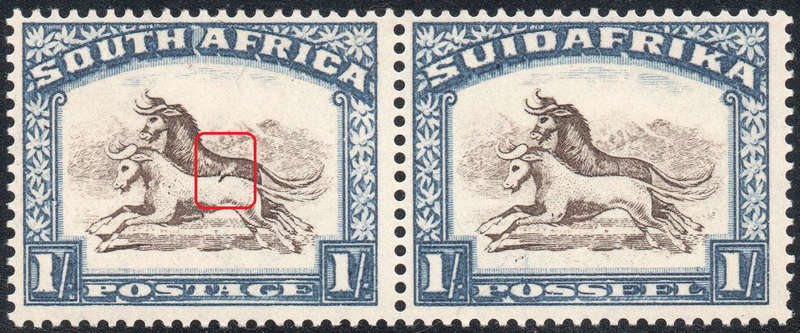 UNION OF SA 1932 SG48a 1/- BROWN & DEEP BLUE - DART IN GNU'S BACK LMM CV £375(2017)