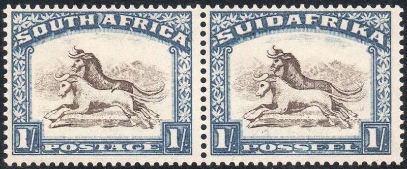 UNION OF SA 1932 SG48a 1/- BROWN & DEEP BLUE - DART IN GNU'S BACK LMM CV £375(2017)