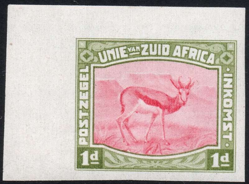 Union of SA - HARRISON ESSAY - 1d (OLIVE) GREEN & CARMINE CORNER MARGINAL IMPERF SINGLE