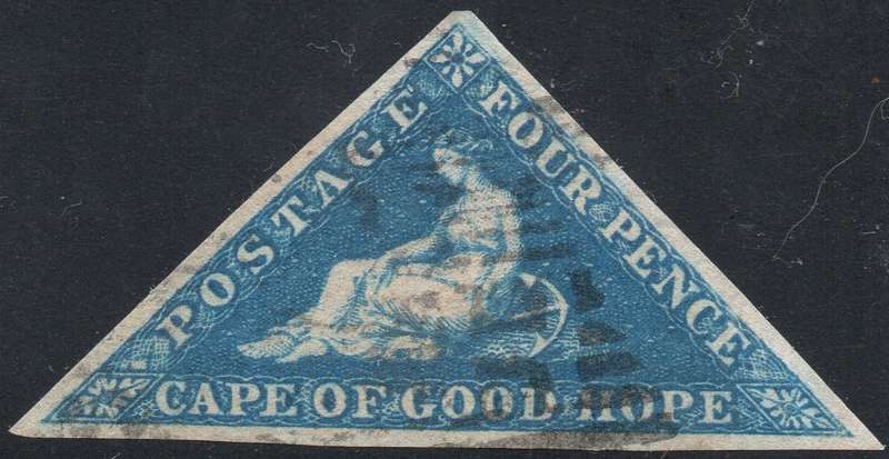 CAPE OF GOOD HOPE 1853 SACC4a - 4d BLUE ON SLIGHTLY BLUED PAPER - VFU - CV R3500