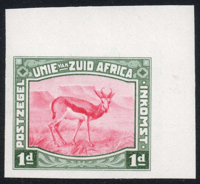 Union of SA - HARRISON ESSAY - 1d DEEP GREEN & CARMINE CORNER MARGINAL IMPERF SINGLE - RARE SHADE