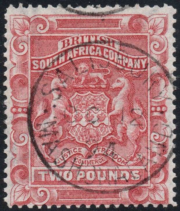 B.S.A.C. / Rhodesia 1892 SG11 £2 Rose Red Superb Used - Watermarked paper -  CV £170(2017) - SCARCE
