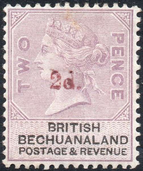 BRITISH BECHUANALAND 1887 SACC23a 2d ON 2d PALE DULL LILAC & BLACK O/P IN RED MM CV R4000