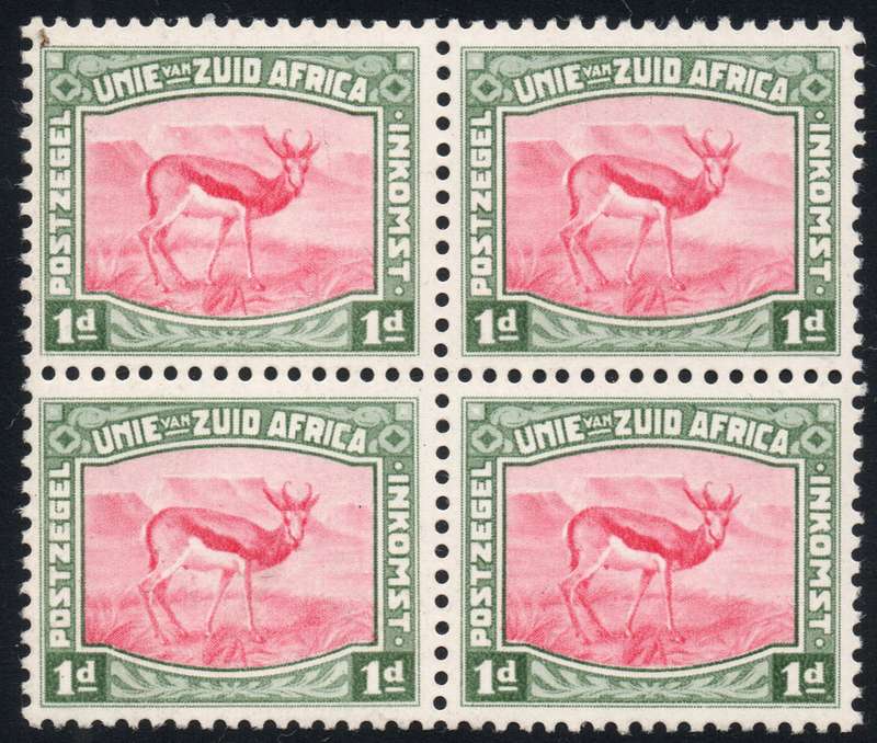 Union of SA - 1d Carmine and Green Harrison Essay BLOCK OF FOUR - SUPERB UM