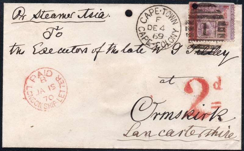 CAPE OF GOOD HOPE 1869 - COVER FROM CAPE TOWN TO ORMSKIRK, UK - SEE BELOW