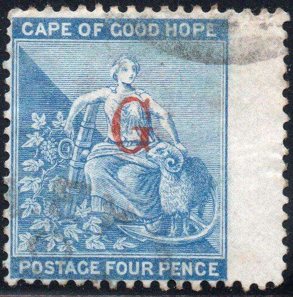 GRIQUALAND WEST 1877-8 SG7e 1st PRINTING 4d DULL BLUE, O/P TYPE 5 IN RED - VFU - CV £160+(2017)