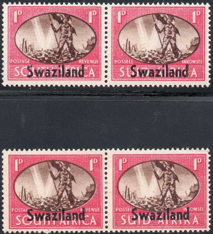 SWAZILAND 1945 SACC38/38a 1d PAIR, TOP PAIR WITH ''BARBED WIRE'' VARIETY - UM/MM - CV R565