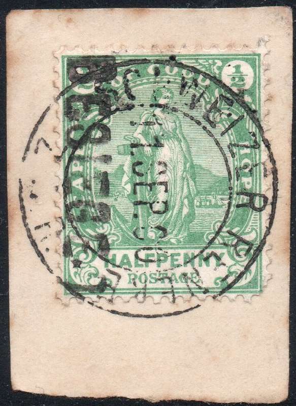 SCHWEIZER RENECKE 1900 SACC5 ½d GREEN - VFU ON PIECE - SCARCE