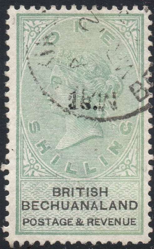 BRITISH BECHUANALAND 1888 SACC26 1/- ON 1/- GREEN & BLACK  VFU CV R3000
