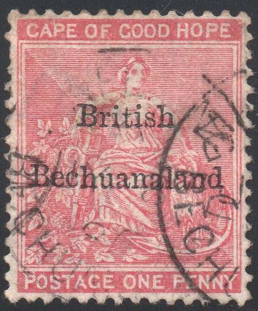 British Bechuanaland SACC5 1d CARMINE-RED - WM ANCHOR - O/P IN BLACK FINE USED CV R200