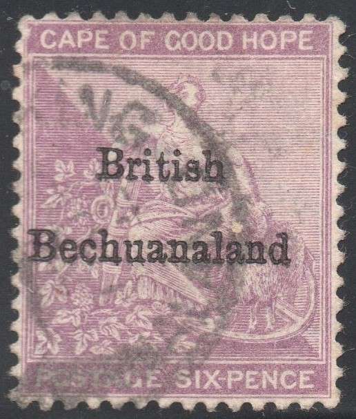 British Bechuanaland SACC7 6d PURPLE(SHADE) - WM ANCHOR - O/P IN BLACK FINE USED CV R1000