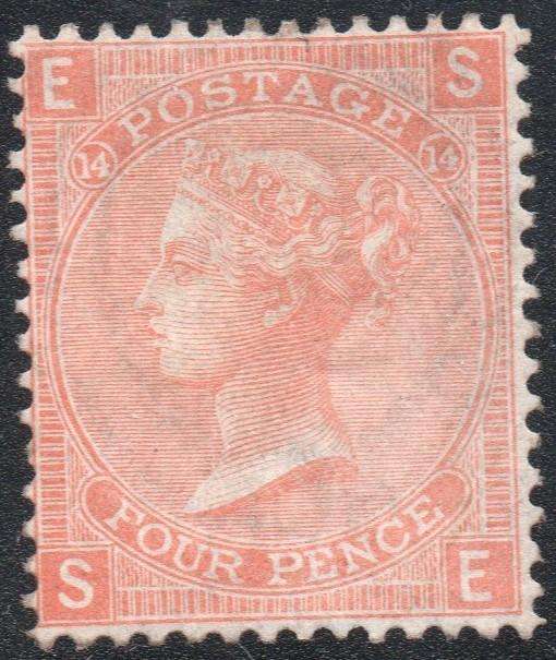 GREAT BRITAIN 1865 SG94 4d VERMILLION(PLATE 14) - WM LARGE GARTER(W17) - UNUSED CV £825(2017)