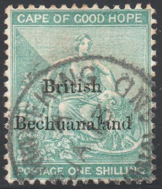 British Bechuanaland SACC8 1/- GREEN - WM ANCHOR - O/P IN BLACK FINE USED CV R4000